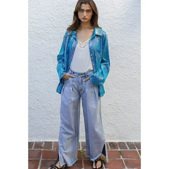 Life's a Party Sequin Button-Up Shirt in Ocean Blue - Picture 9 of 10